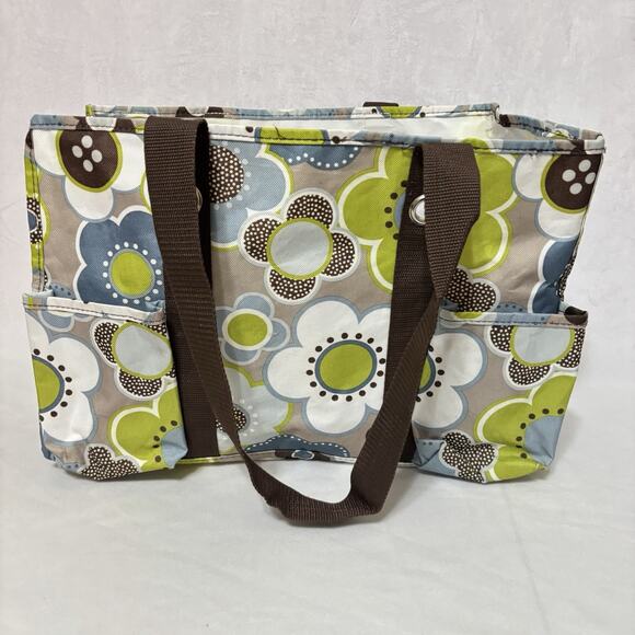 Thirty One Organizing Utility Tote Green Brown Floral 15 x 10 x 6 Pockets A - Picture 2 of 5